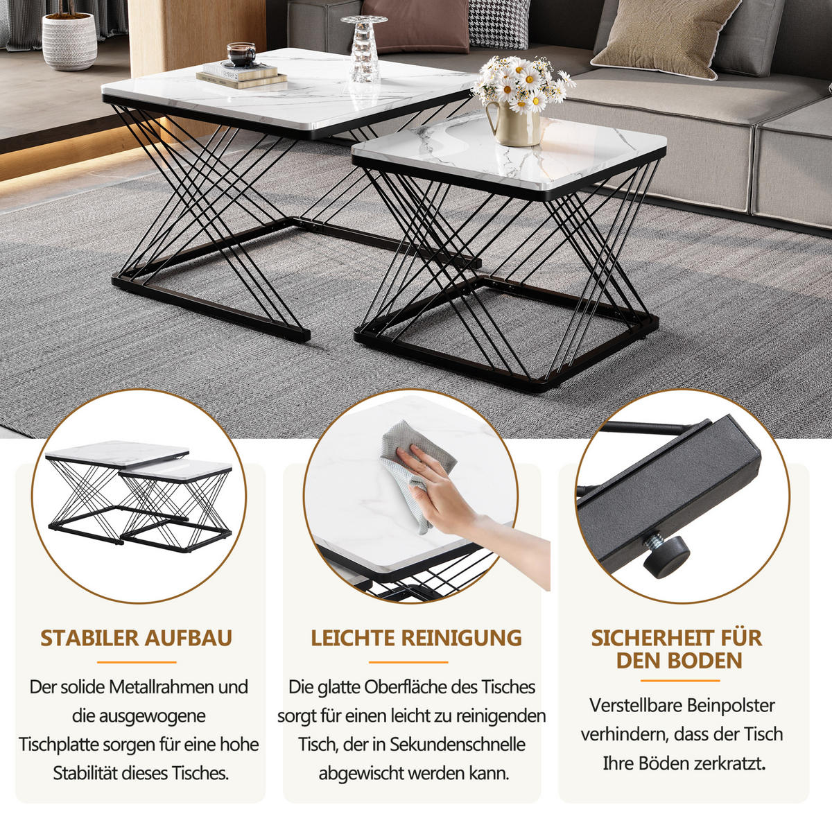 COUCHTISCH 60/60/45 cm & 45/45/40 cm hochglänzende Marmoroptik 2er-Set - Schwarz, Holzwerkstoff (60/60/45cm) - OKWISH