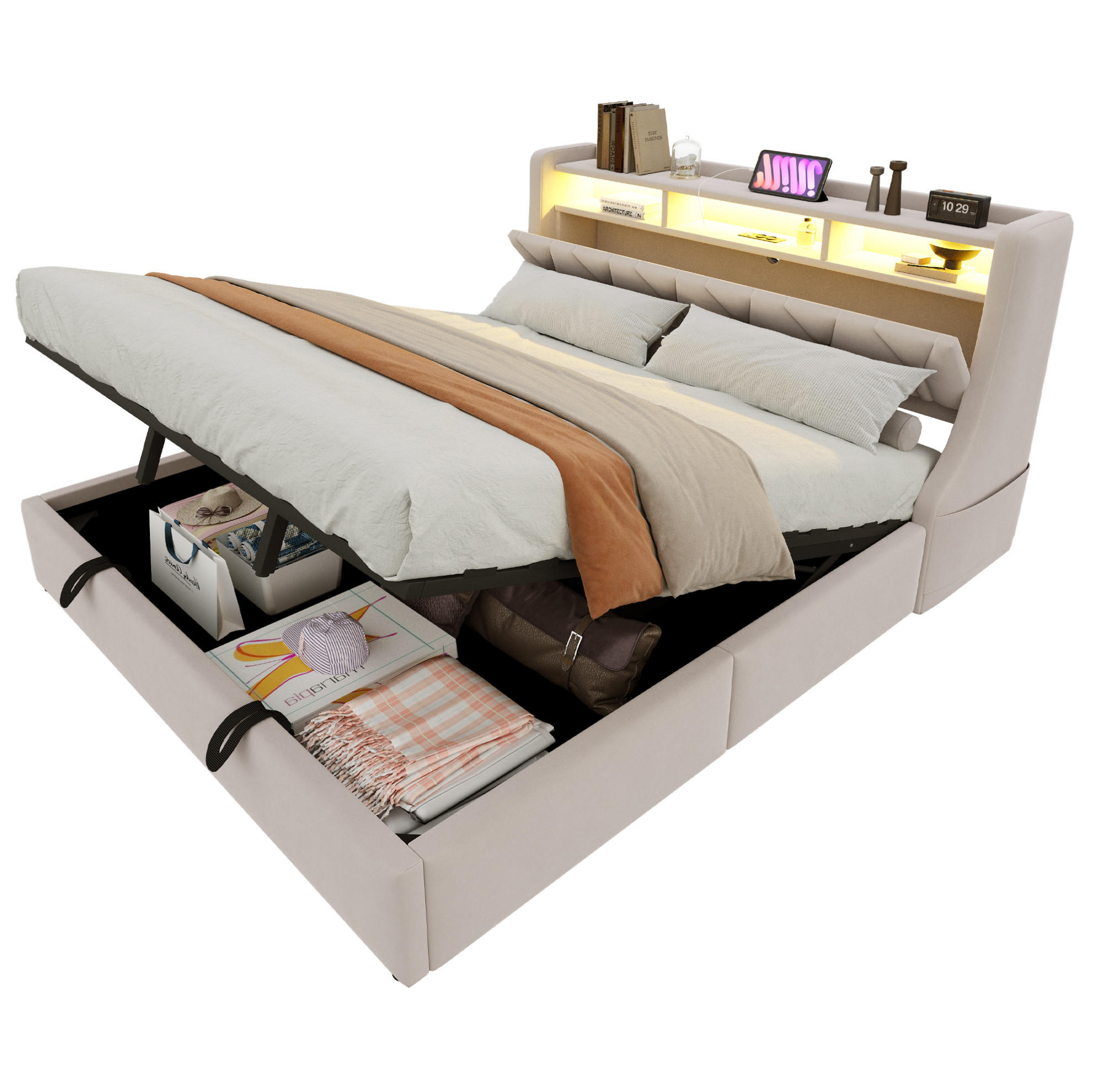 POLSTERBETT 180/200 cm aus Samt mit Stauraum LED und klappbarem Kopfteil Beige - Beige, Textil (180/200cm) - Modenvie