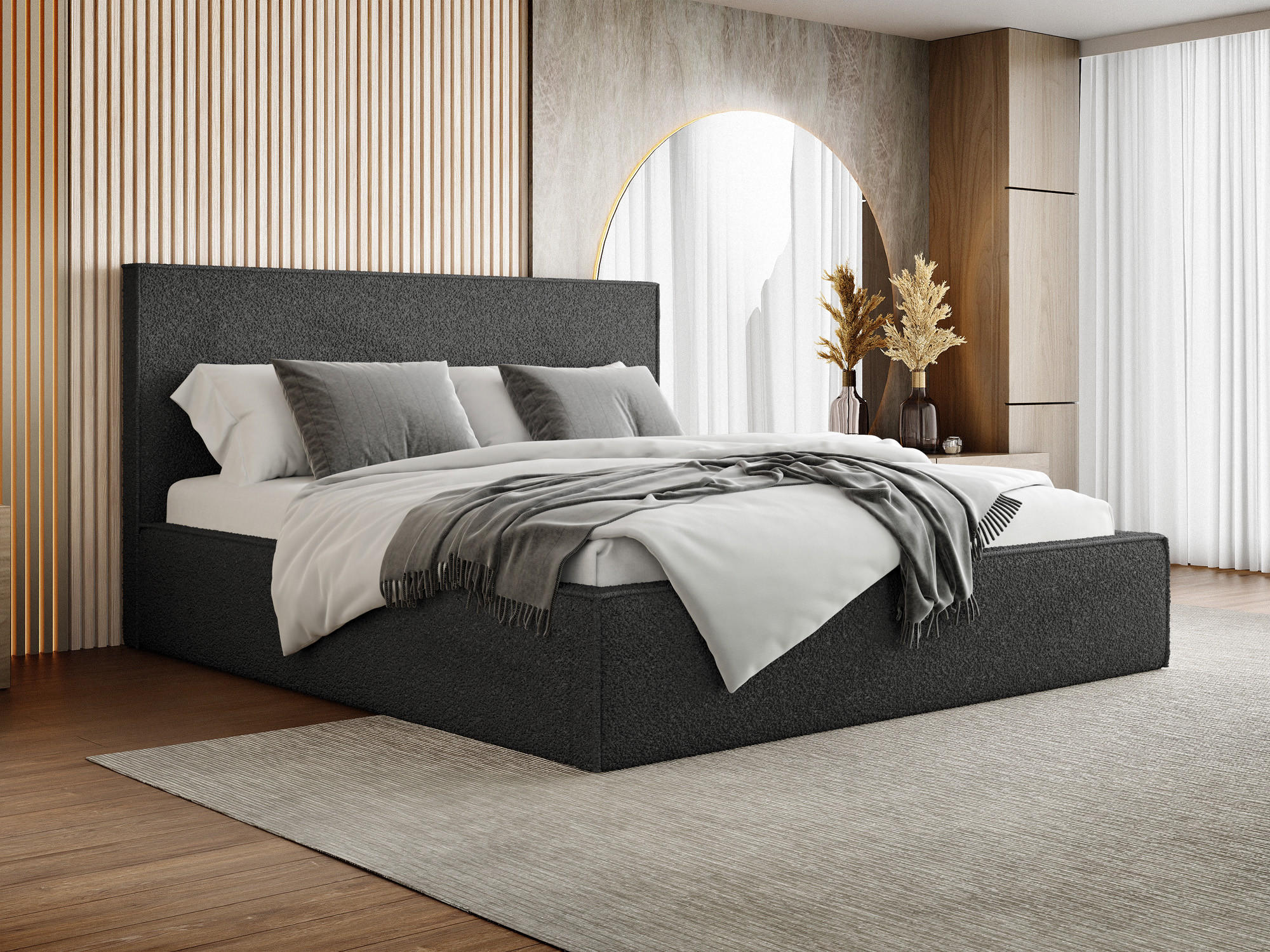 POLSTERBETT Terra Slim mit Bettkasten, Schwarz Boucle 120x200 cm - Birkefarben/Schwarz, Holz/Holzwerkstoff (120/200cm) - WFL GROUP