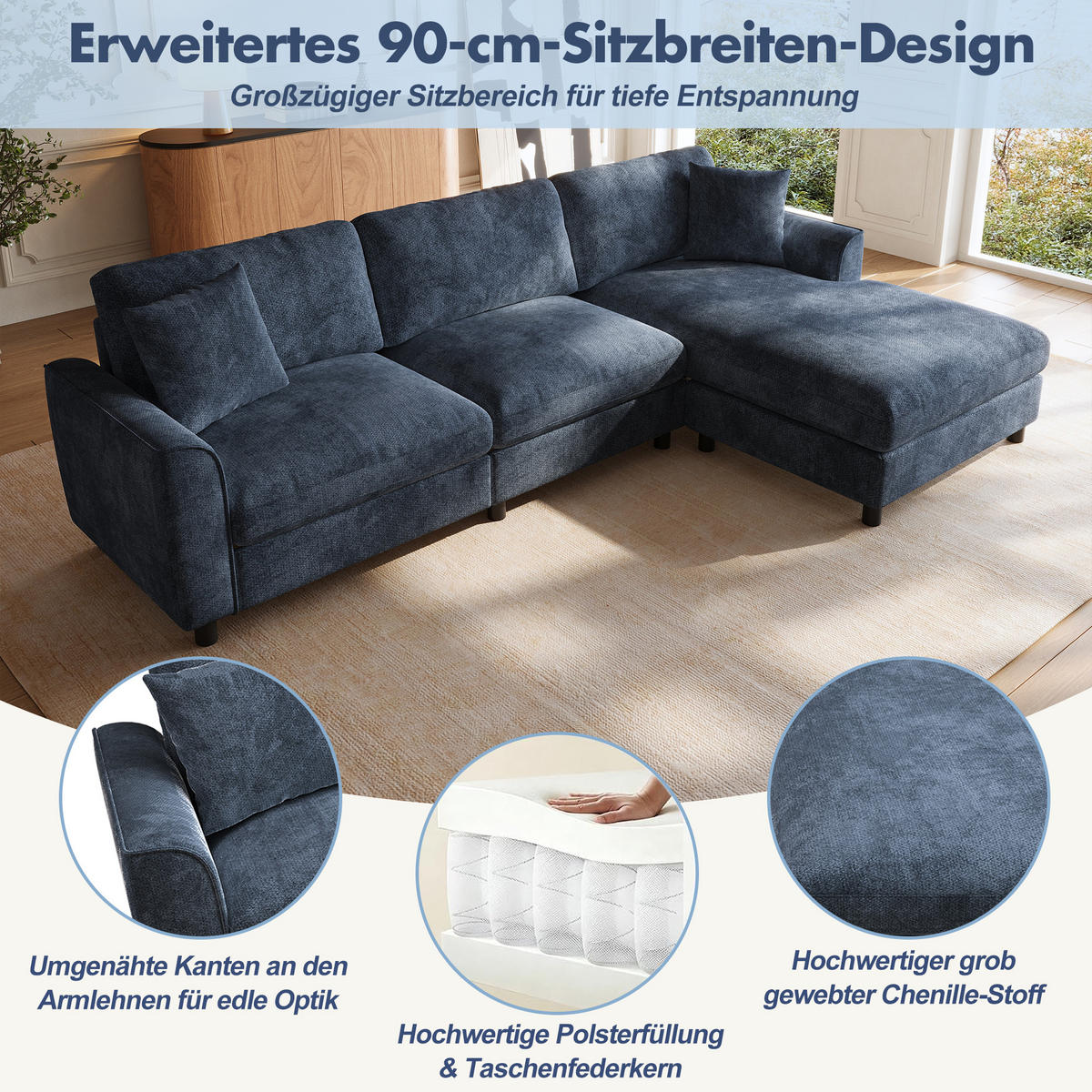 ECKSOFA 256/137/79 cm Blau mit umstellbarer Liegeelement - Blau, Textil/Metall (256/137cm) - Oxeza