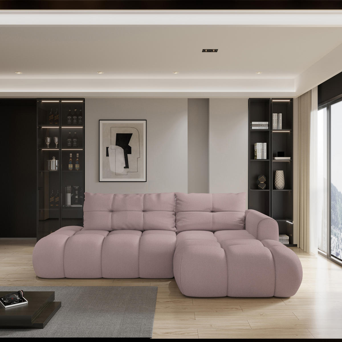 ECKSOFA FLUMA R-S Rosa Geflochtener Stoff mit Schlaffunktion - Rosa, Holz (274/165cm) - MASSENO