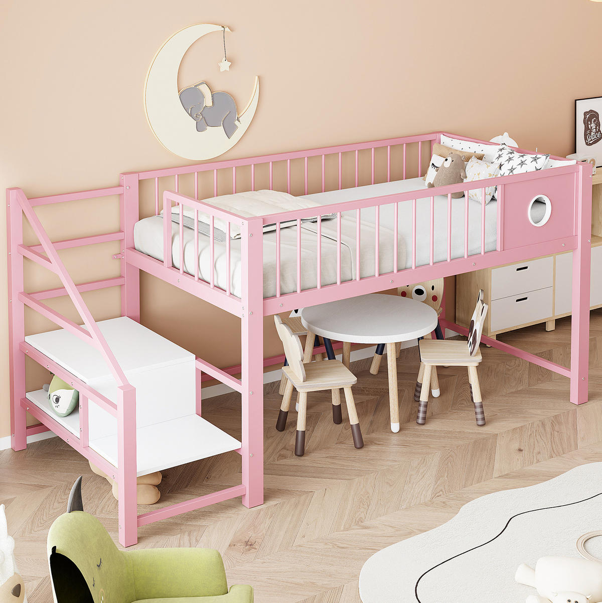 HOCHBETT 90/200 cm aus Metall und MDF mit Stauraumleiter Rosa - Pink, Metall (90/200cm) - Modenvie