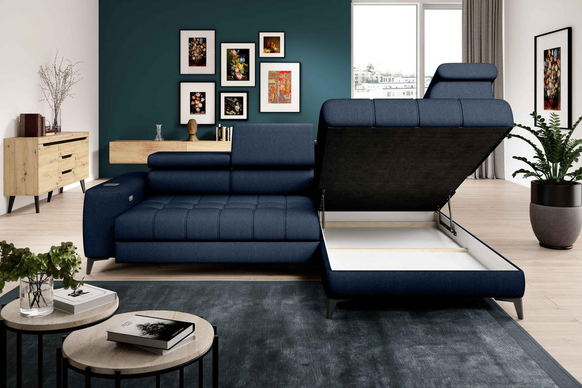 ECKSOFA BAGGIO Letto Stoff, Schlaffunktion, Bettkasten, Sitztiefe, Kopfstützen 280x196cm – Rechts – Marineblau - Dunkelblau, Holz/Textil (280/196cm) - DomoHome