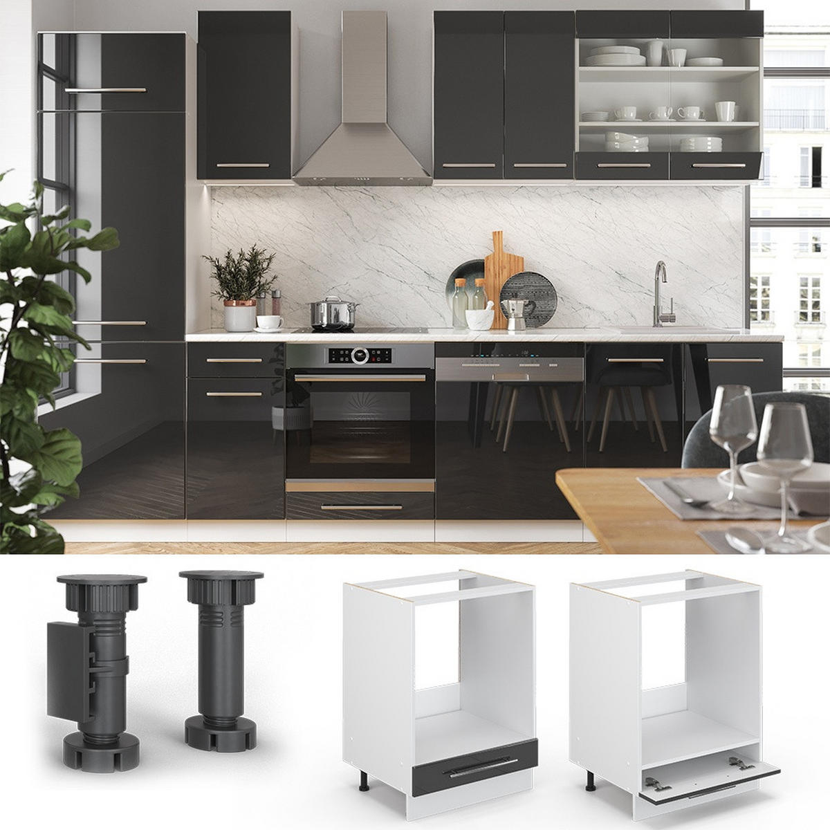 OMARICA ZA PEČICO Fame-Line Antracit z visokim sijajem 60 cm , DP Marmor - črna/bela, leseni material (60/82/60cm) - Vicco