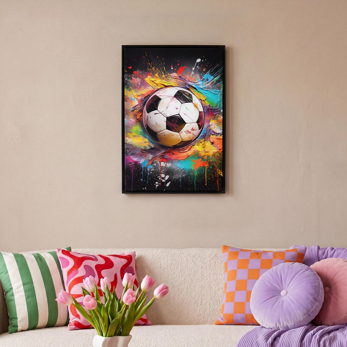 LEINWAND Bilder mit Rahmen - Fußball - Farbe - Farben - Schwarz - Weiß - 40x60 - Weiß, Textil (40/60cm) - MuchoWow