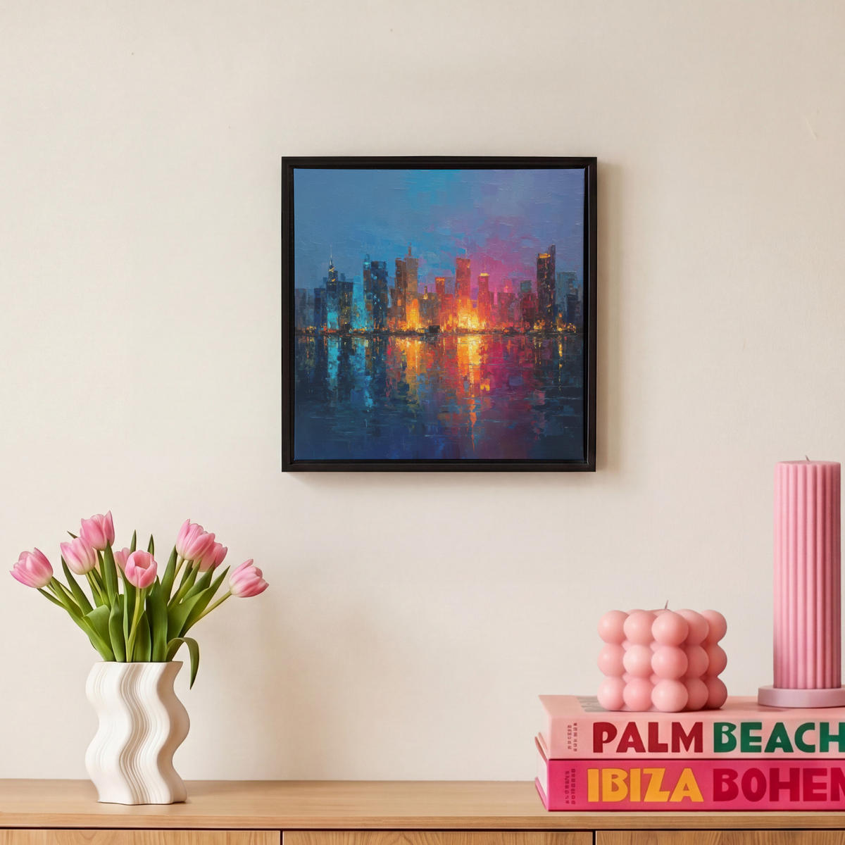 LEINWAND Bilder mit Rahmen - Skyline - Pinselstriche - Dunkelblau - Leuchtend - 20x20 - Blau, Textil (20/20cm) - MuchoWow
