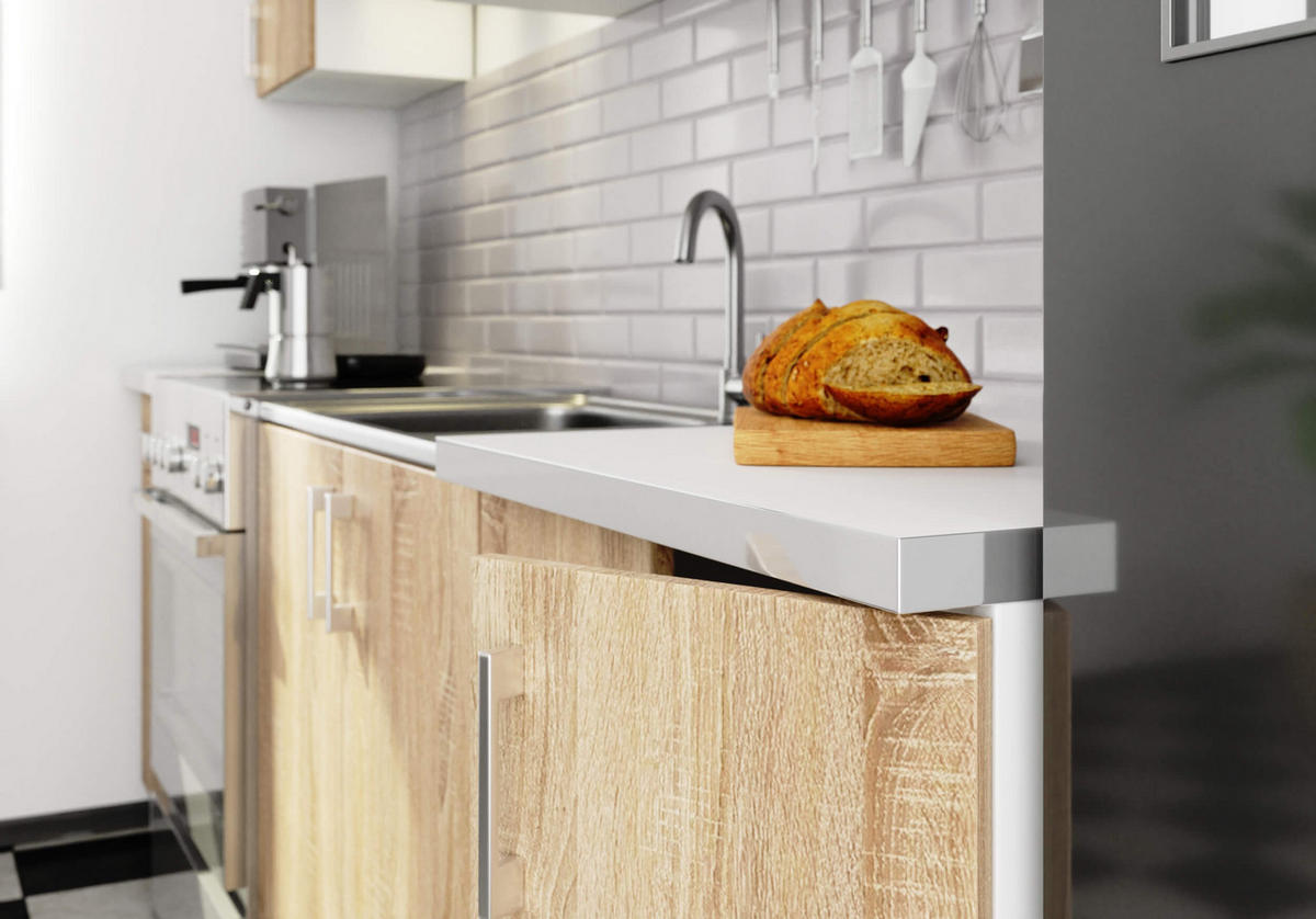 KÜCHENMÖBEL-SET Weiß, Sonoma Eiche 240x203x44,5 cm - Silberfarben/Weiß, Holzwerkstoff/Kunststoff (240/203/44.5cm) - Akord