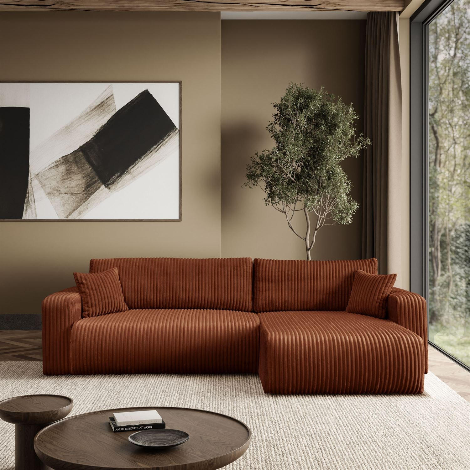 Ecksofa PRESTIGE SOFT mit Schlaffunktion und Bettkasten, Tilia 52 - Cognac, Textil (277/143cm) - Lookway