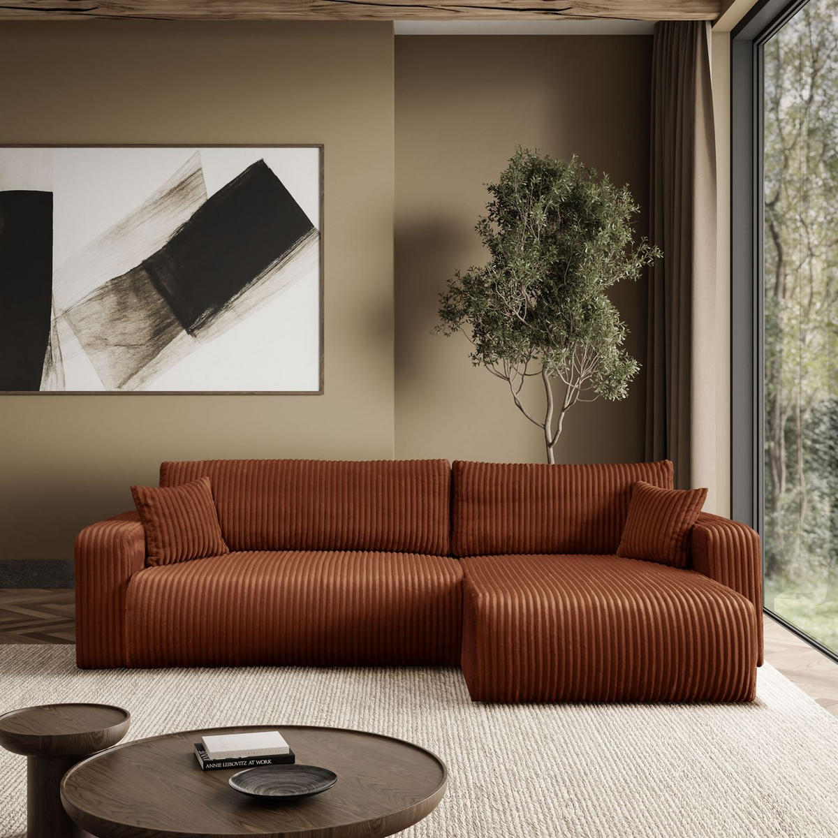 Ecksofa PRESTIGE SOFT mit Schlaffunktion und Bettkasten, Tilia 52 - Cognac, Textil (277/143cm) - Lookway