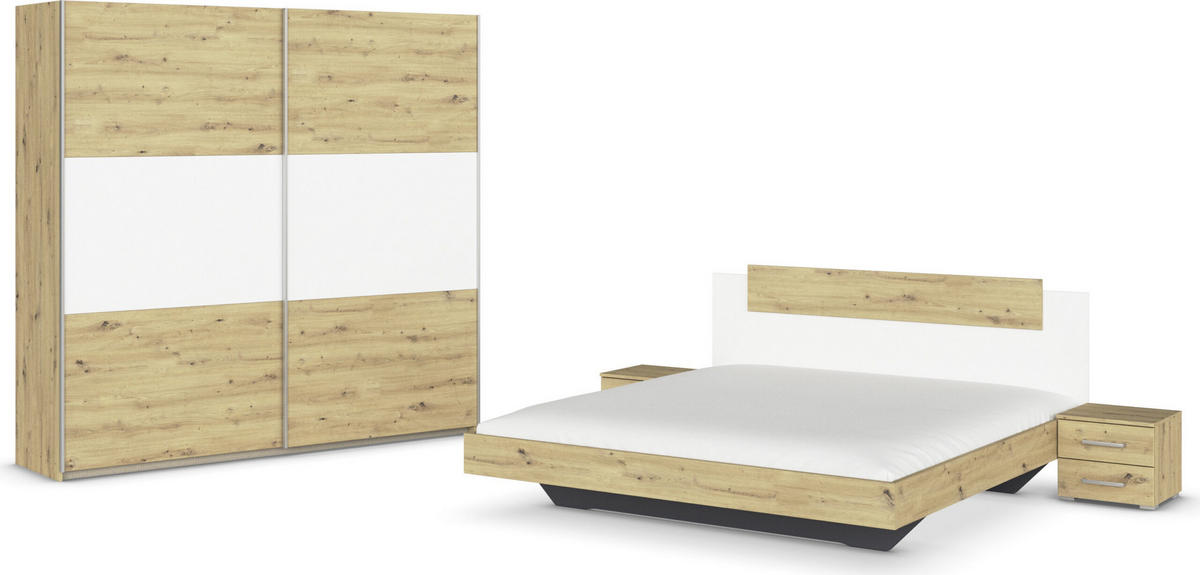SCHLAFZIMMER Borba in Eiche und Weiß 4 teilig – mit Bettanlage 180x200cm, zwei Nachttisch und Schwebetürenschrank 218cm Breite - Braun, Holzwerkstoff (80/200/120cm)