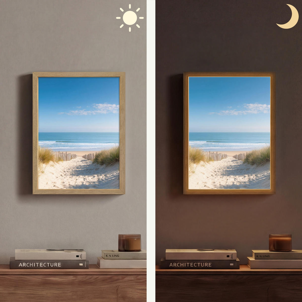 NÁSTĚNNÁ LAMPA S AKUMULÁTOREM Pláž - moře - duny - písek - léto 30x40 cm - písková barva, kompozitní dřevo (30/40/8cm) - OnlyWow