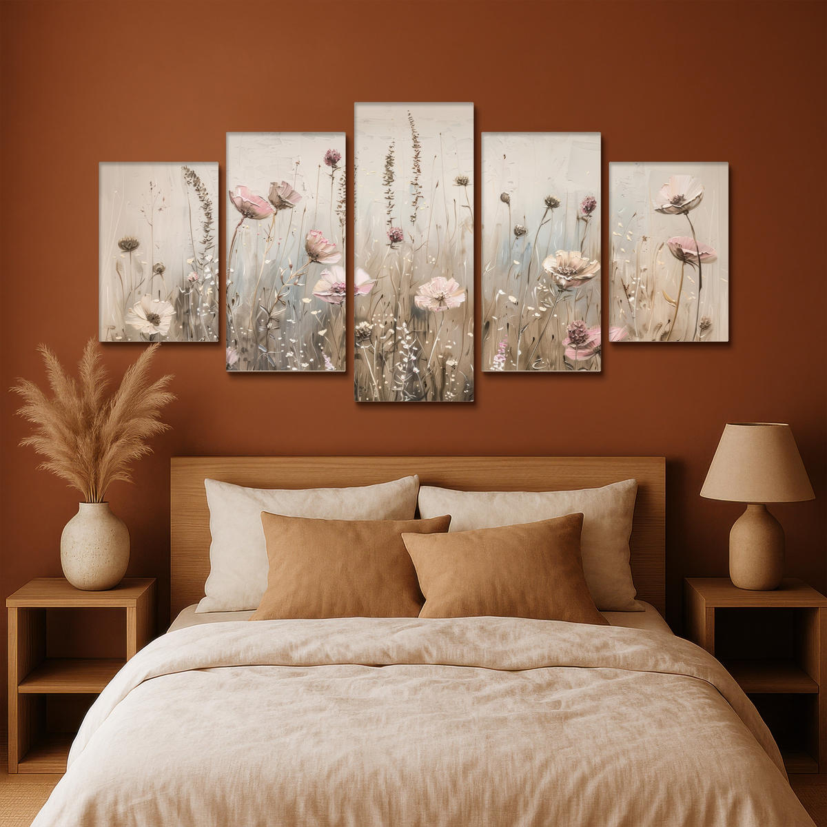 LEINWANDBILD 5er Set Blumen - Beige - Modern - Rosa 200x100 cm - Ecru, Textil (200/100cm) - MuchoWow