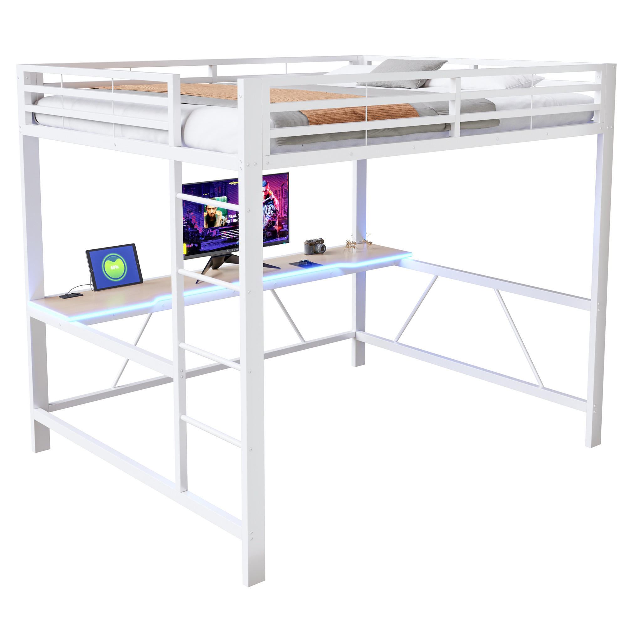 GAMING-HOCHBETT aus Metall und MDF 160x200 cm Weiß mit Schreibtisch, LED-Beleuchtung und Rundum-Schutz - Weiß, Holzwerkstoff (160/200cm) - Modfu