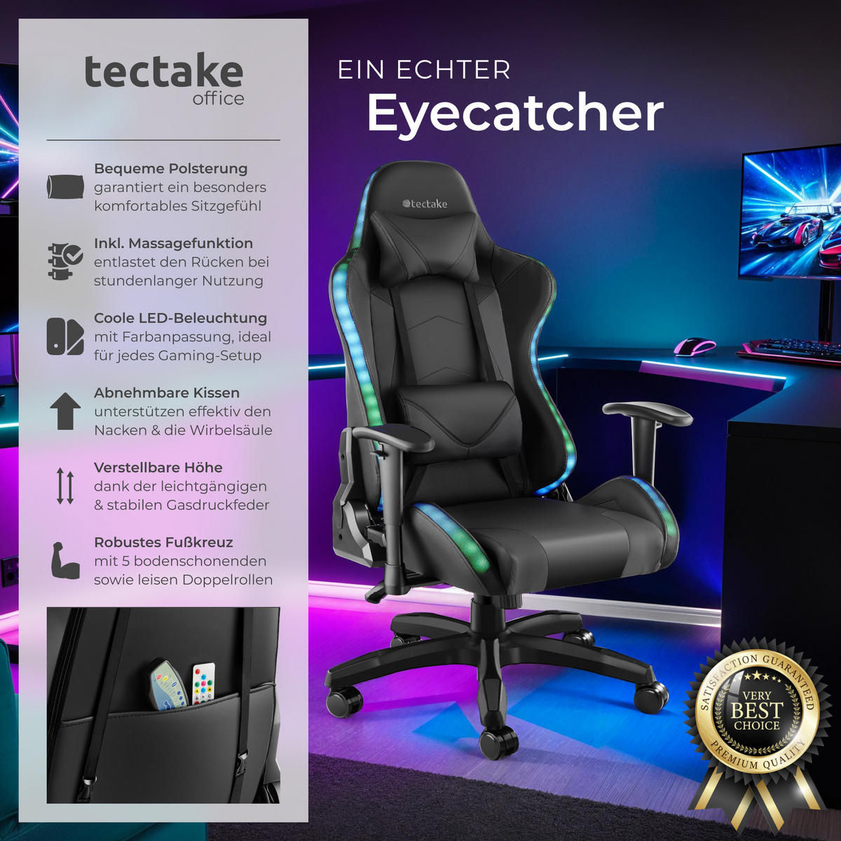 GAMINGSTUHL Tartaros,dicke Polsterung, Belastbarkeit 120 kg,schwarz/schwarz - Schwarz, Textil (66.5/126/69cm) - tectake
