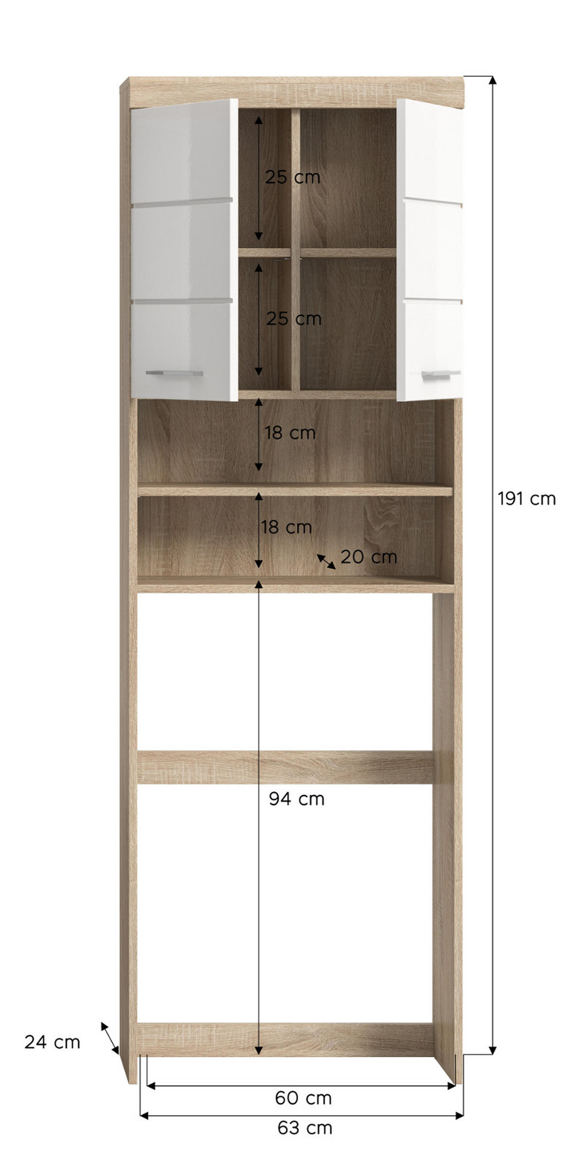 WASCHMASCHINENSCHRANK weiß Hochglanz, Eiche 63 cm, Überbau mit 6 Fächern - Weiß Hochglanz/Eichefarben, Holzwerkstoff/Kunststoff (63/191/24cm) - Inn.Furn