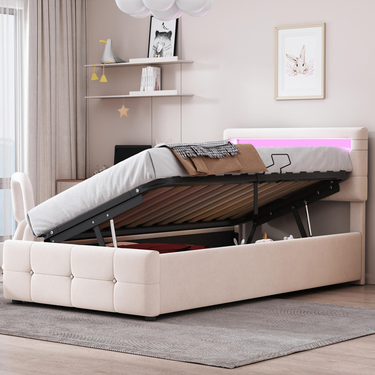 POLSTERBETT 90/200 cm Beige mit LED-Beleuchtung und Stauraum - Beige, Textil (90/200cm) - Flora Grace