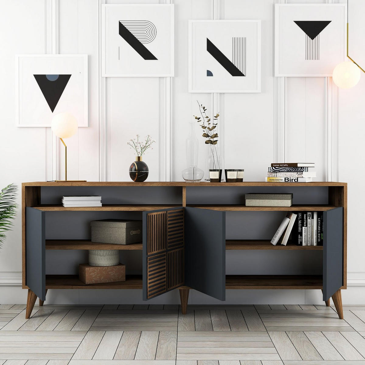 SIDEBOARD 4 Türen L180 cm - Milan - Wildeiche/Anthrazit, Holzwerkstoff (35/78.6/180cm) - Calicosy