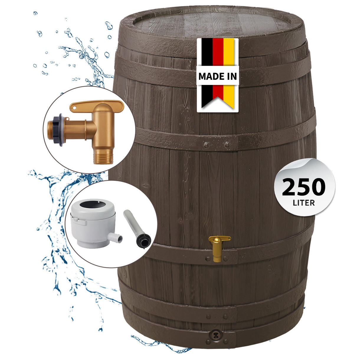 REGENFASS Komplett-Set 250 L braun inkl. Kunststoff-Auslaufhahn und Fallrohranschluss - Braun, Kunststoff (65/93/66cm) - 4rain