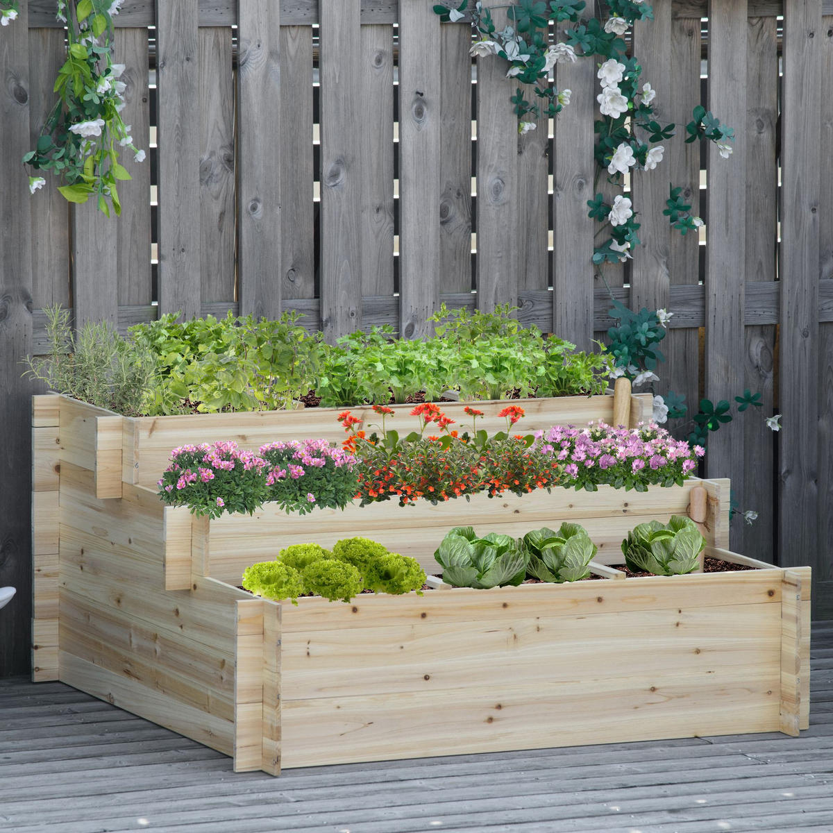 HOCHBEET, 3-stufige Blumenkasten, für Garten, Balkon, Tannenholz, Natur - Fichtefarben, Holz (100/54/117cm) - Outsunny