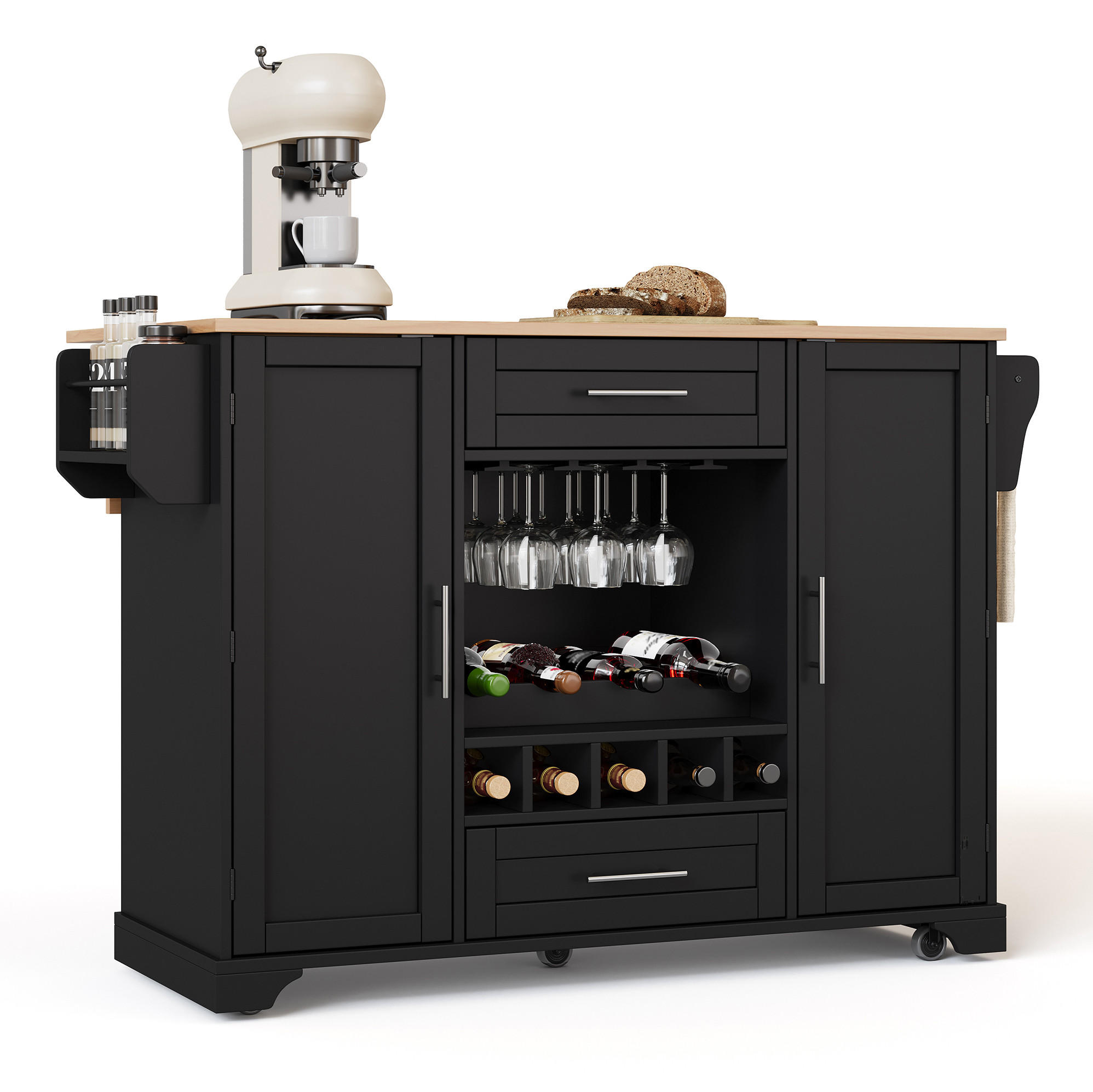 KÜCHENWAGEN mit ausklappbarer Arbeitsplatte 138 x 45/70 x 92 cm Schwarz/Natur - Schwarz, Holz (70/92/138cm) - Beauniv