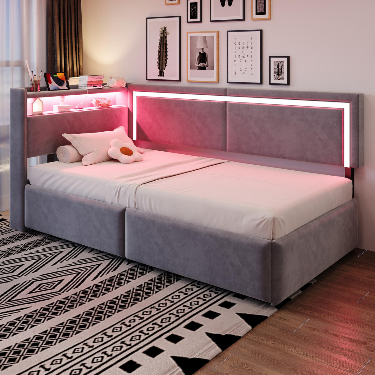 POLSTERBETT 90/200 cm hellgrau aus Samt mit LED und USB Stauraum - Hellgrau, Textil (90/200cm) - OKWISH