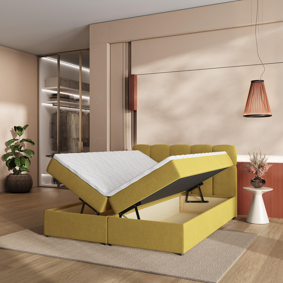 BOXBETT MERU 140x200 cm mit Matratze und Topper - Gelb - Gelb, Holz (140/200cm) - MASSENO