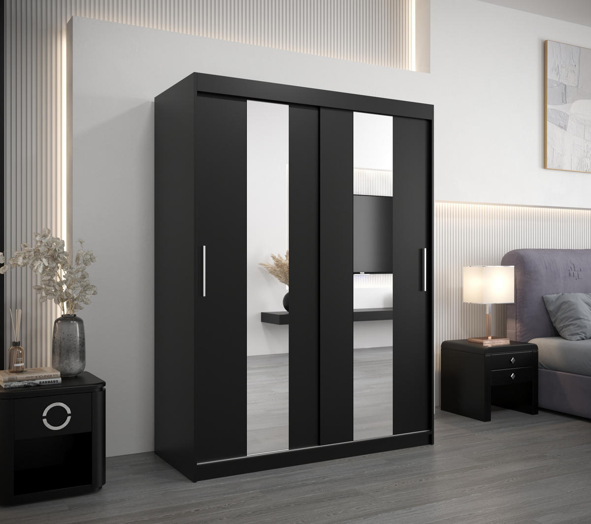 SCHWEBETÜRENSCHRANK 200/150/62 2-türig - Silberfarben/Schwarz, Holz/Kunststoff (150/200/62cm) - MÖBEL KRYSPOL