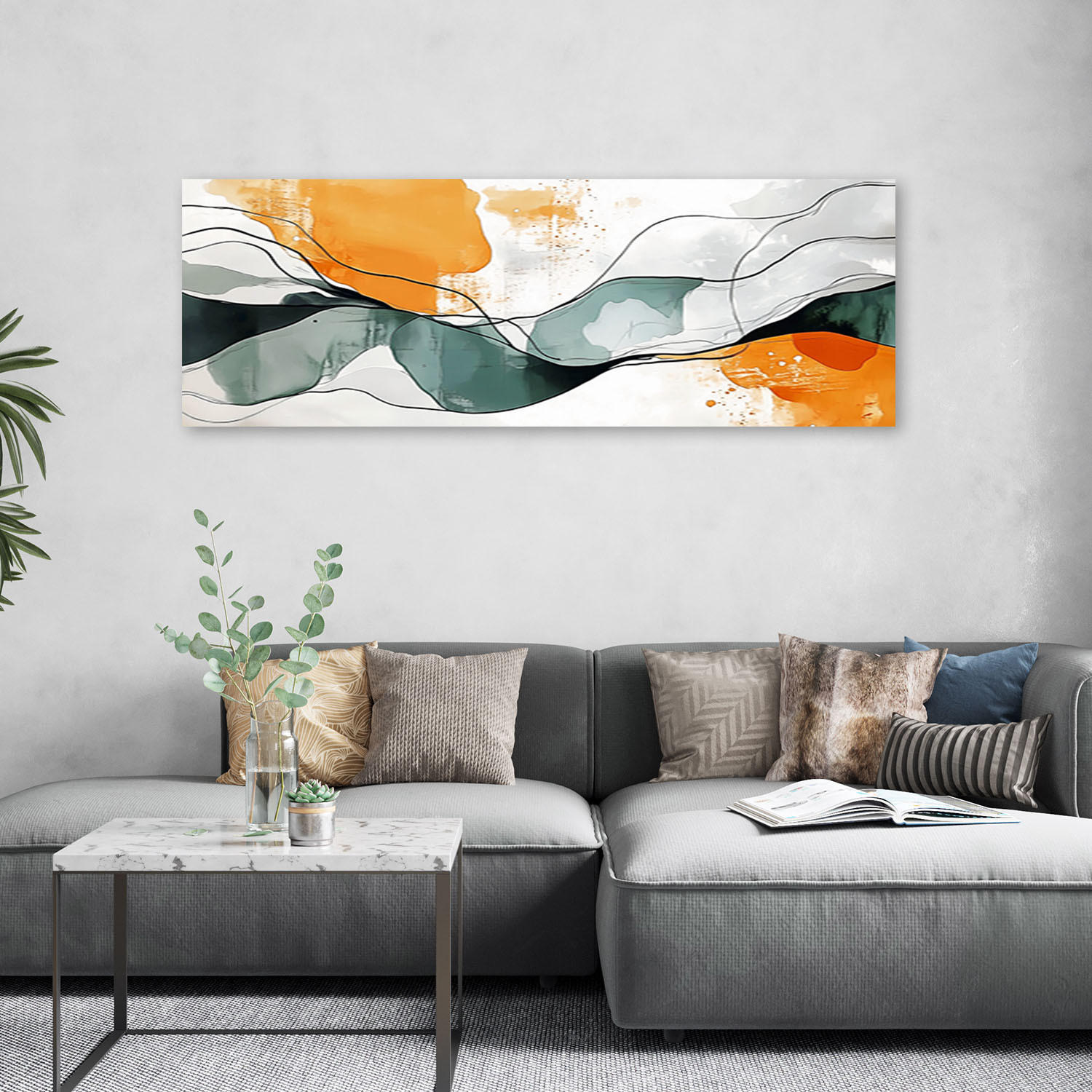 LEINWANDBILD Abstrakt Linien Flecken Orange Türkis Minimalismus 120x40cm - Orange, Textil (120/40cm) - Feeby