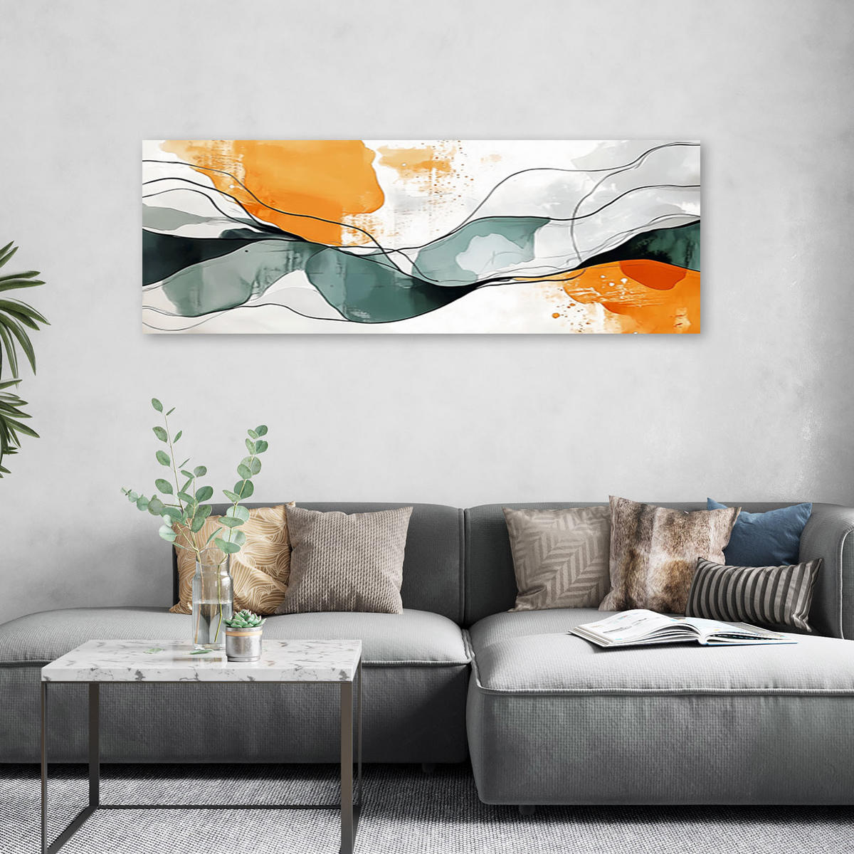 LEINWANDBILD Abstrakt Linien Flecken Orange Türkis Minimalismus 120x40cm - Orange, Textil (120/40cm) - Feeby