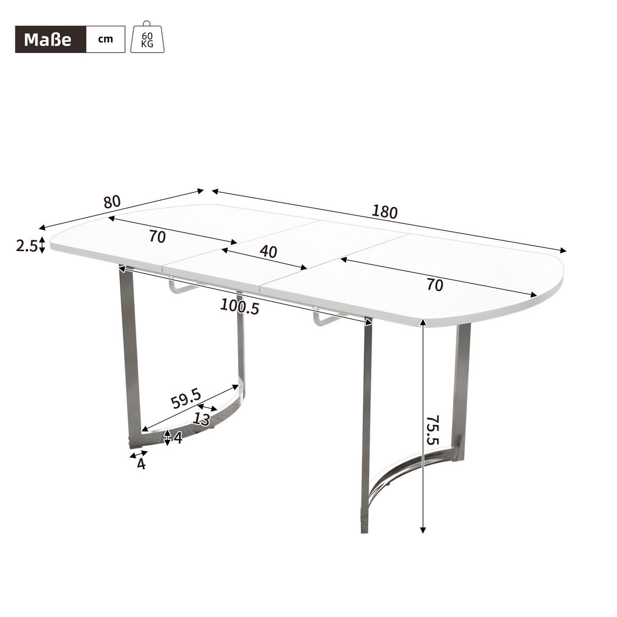 JEDÁLENSKÝ stôl 140/180/80 cm biely, rozkladací s kovovými nohami - biela, kompozitné drevo (180/80/75cm) - BEAOK