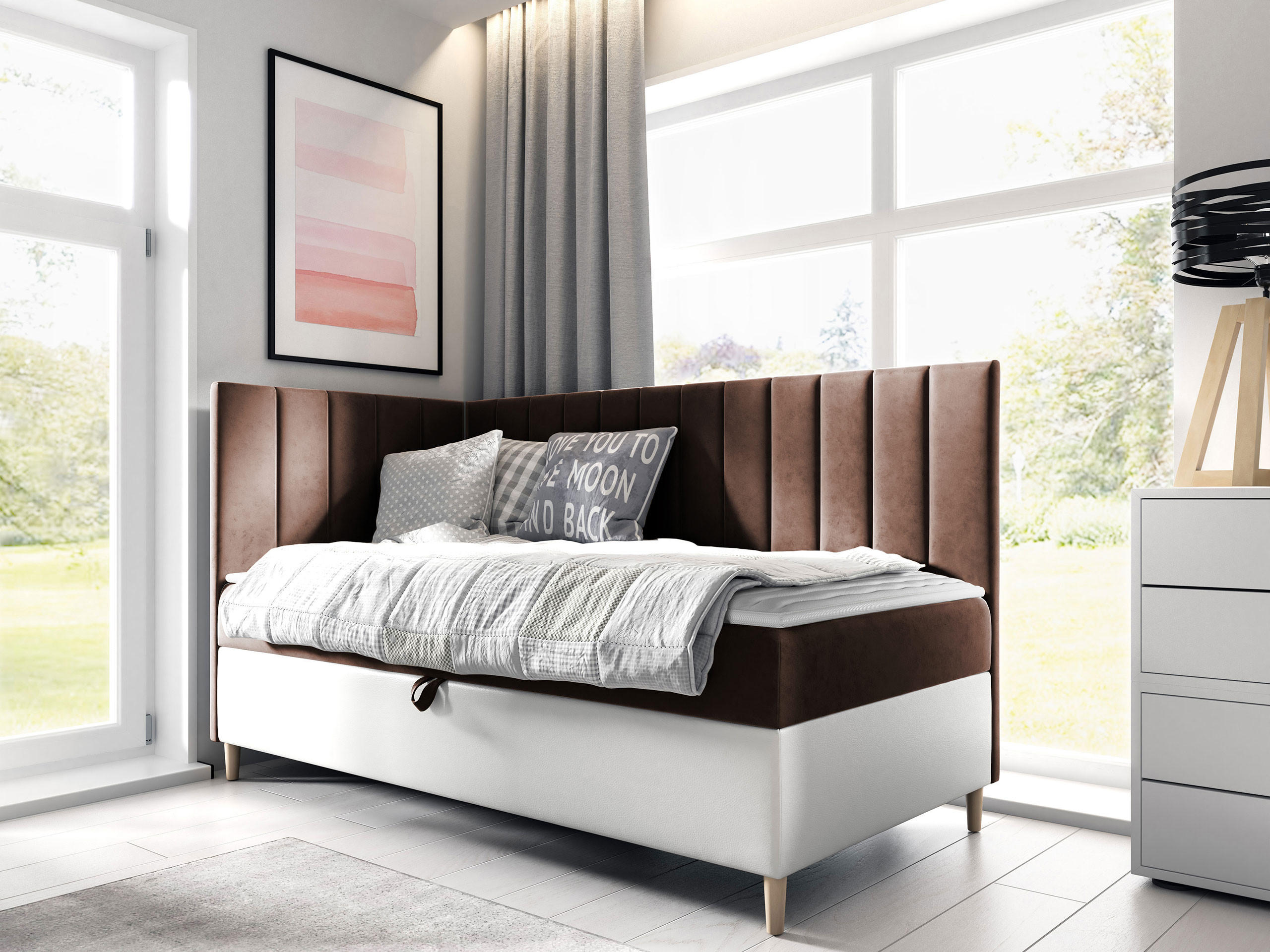 BOXBETT Maja Junior 3, Seite zum Öffnen des Bettkastens: Links - Weiß/Braun, Holz (90/200cm) - MIRJAN24