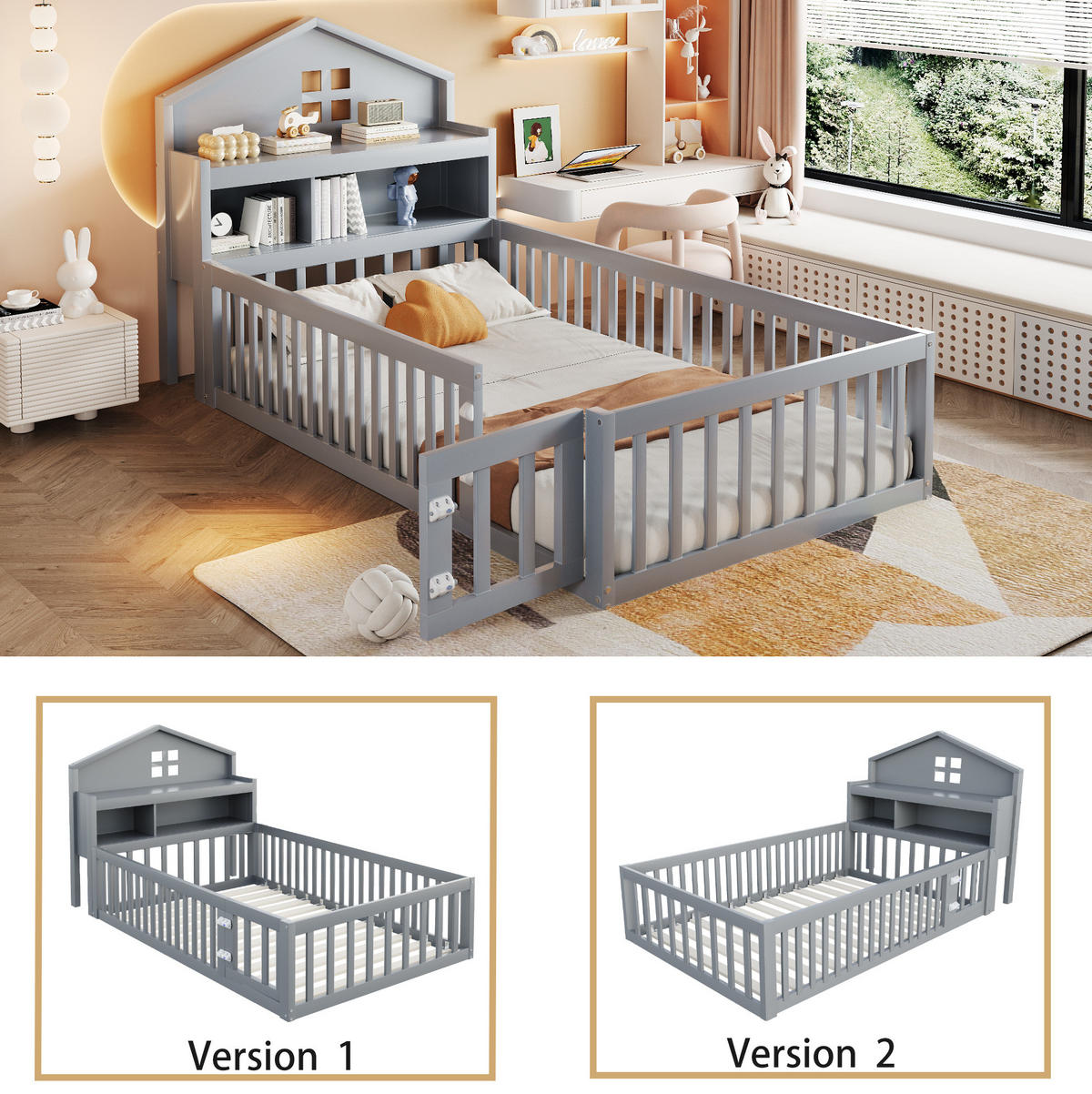 KINDERBETT 90/200 cm Grau aus Massivholz mit Stauraum und Kreidetafel - Grau, Holz (90/200cm) - OKMYHOME