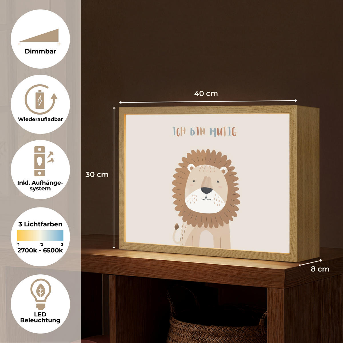 NACHTTISCHLAMPE MIT AKKU Löwe - Beige - Tier - Mutig - Zitat 40x30 cm - Beige, Holzwerkstoff (8/40/30cm) - OnlyWow