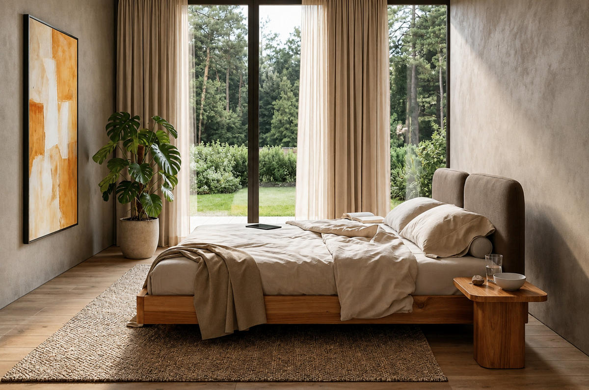 MASSIVHOLZBETT Eyko MAUI, 140/200, Wildeiche - lackiert, Samt-Kopfteil Braun - Eichefarben/Braun, Holz/Textil (140/200cm)