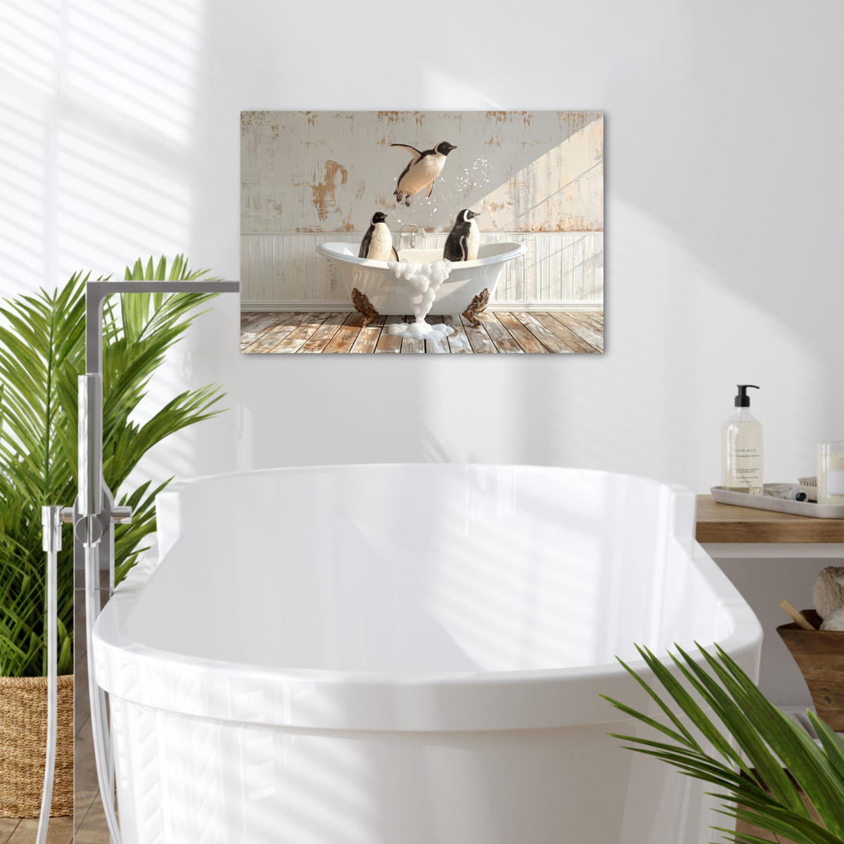 LEINWANDBILD Vintage - Pinguin - Badewanne - Schaumstoff Gemälde 60x40 cm - Schwarz, Textil (60/40cm) - MuchoWow