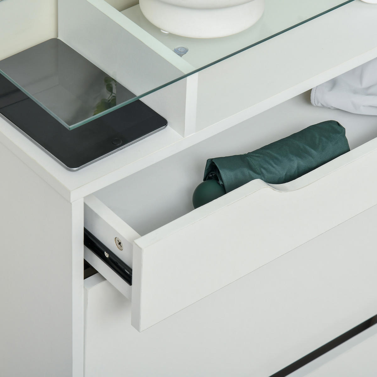 SCHUHSCHRANK DE-14974 2 Klapp-Schubladen und 1 Schubfach und Glasablage Weiß - Weiß, Holzwerkstoff (89/96/23cm) - ComfortXL