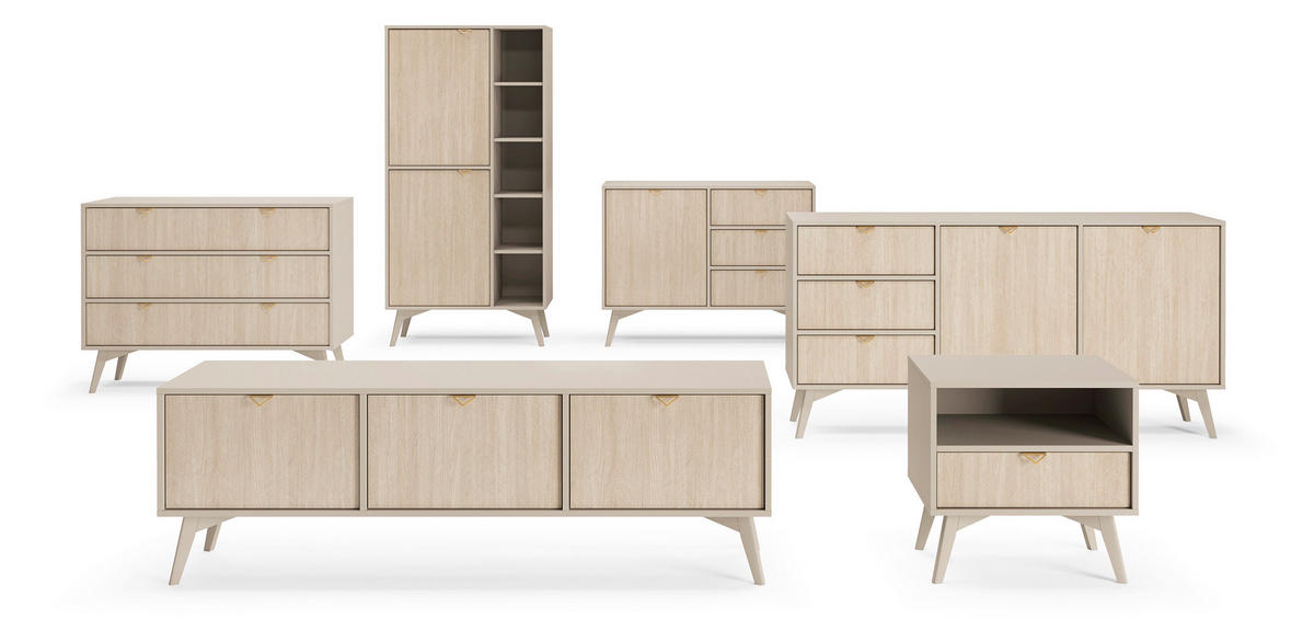 KOMMODE : Sandbeige/Skandi-Fischgrätmuster, Sandbeige Holzbeine, 158 x 80 x 38cm - Beige, Holzwerkstoff (158/80/38cm) - 3XE LIVING