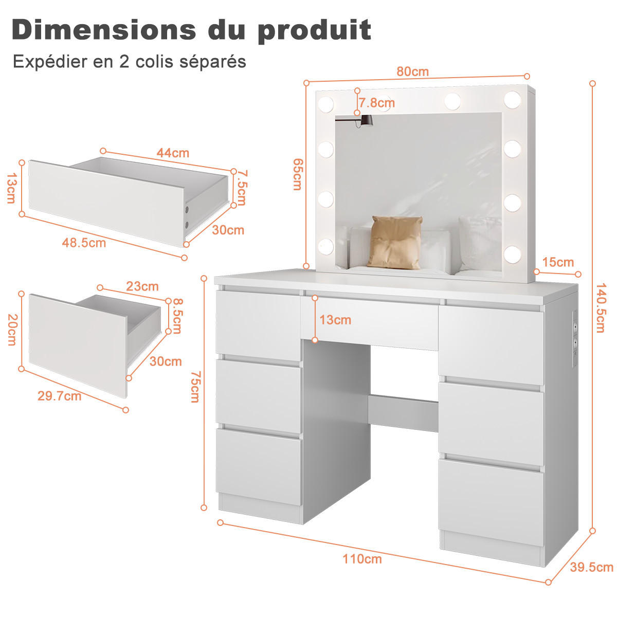 SCHMINKTISCH mit LED-Spiegel, 140 x 39 x 110 cm, 10 dreifarbige LED-Lampen, 7 Schubladen, 2 Steckdosen + USB + TPC, Weiß - Weiß, Holzwerkstoff (40/75/110cm)