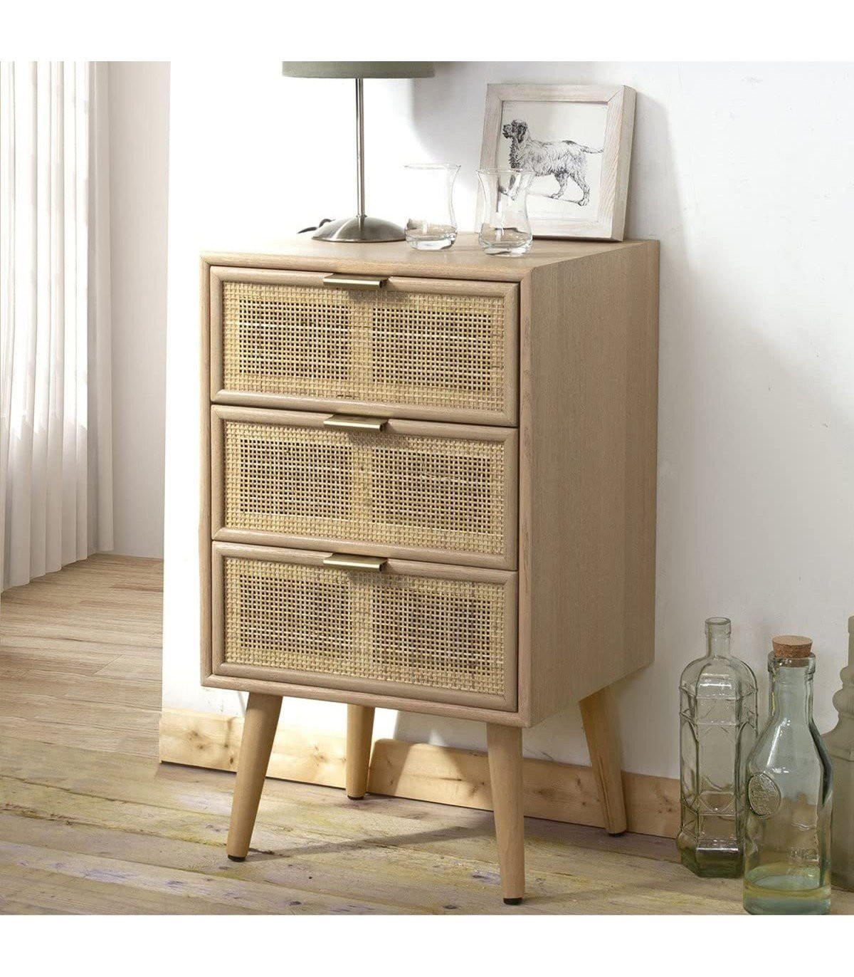 NACHTTISCH mit 3-Schubladen-Front aus natürlichem Rattangeflecht - Apfelbaumfarben, Holzwerkstoff (36.5/71/42cm) - Calicosy
