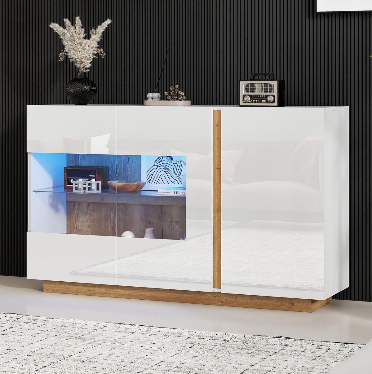 SIDEBOARD aus Spanplatte und Glas 138x38,5x90,5 cm Weiß Hochglanz mit RGB-LED-Beleuchtung - Weiß, Holzwerkstoff (138/90.5/38cm) - IVMEU