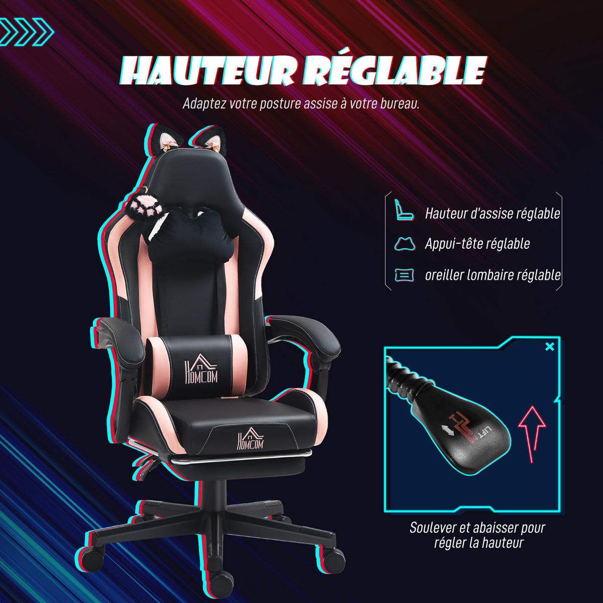 GAMINGSTUHL DE-11855 mit Katzenohren & 135° Neigung Schwarz - Schwarz, Kunststoff (62/124/65cm) - ComfortXL