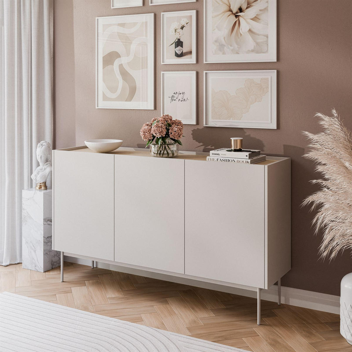KOMMODE Dreitürige ESSENCE 3D K144 Kaschmir / Eiche Linea - Kaschmir/Eichefarben, Holzwerkstoff (144/86/37cm) - Lookway