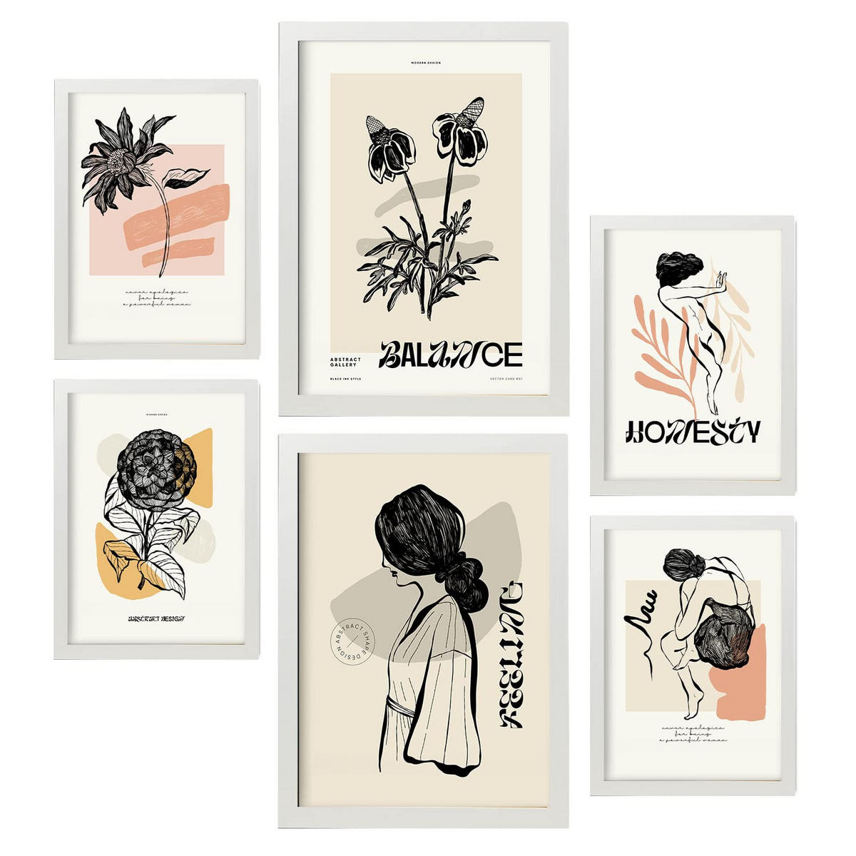 POSTER Set Mit 6 Schwarze Tintengefühle Größe A3 & A4 Weißer Rahmen - Weiß, Papier (29.7/1cm) - Nacnic