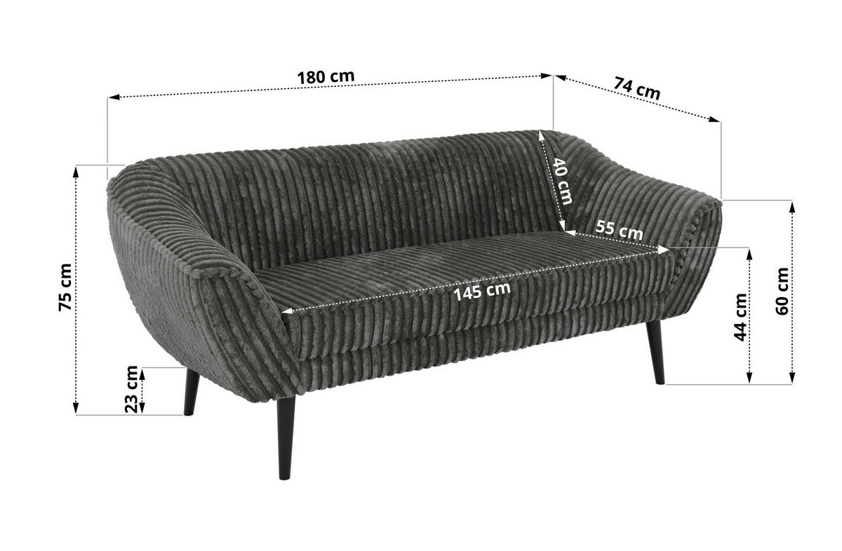 TŘÍMÍSTNÁ POHOVKA PIRS 3 - Šedá Manšestr - Černé nohy - šedá/černá, kompozitní dřevo/textil (180/75/74cm) - MKS