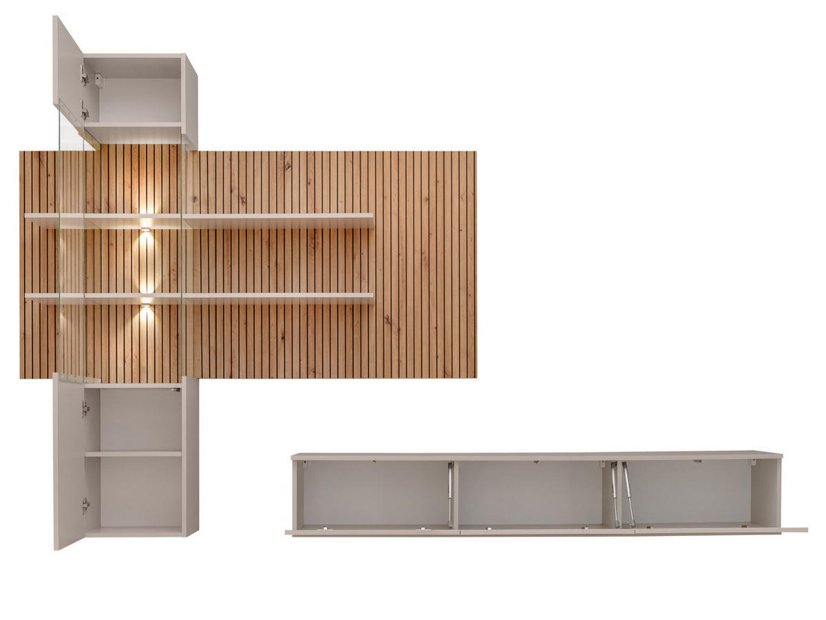 WOHNWAND Sand matt, Eiche Artisan 280 cm, Schrankwand hängend inklusive LED Beleuchtung - Sandfarben/Schwarz, Holzwerkstoff/Metall (280/180/45cm) - Furn.Design