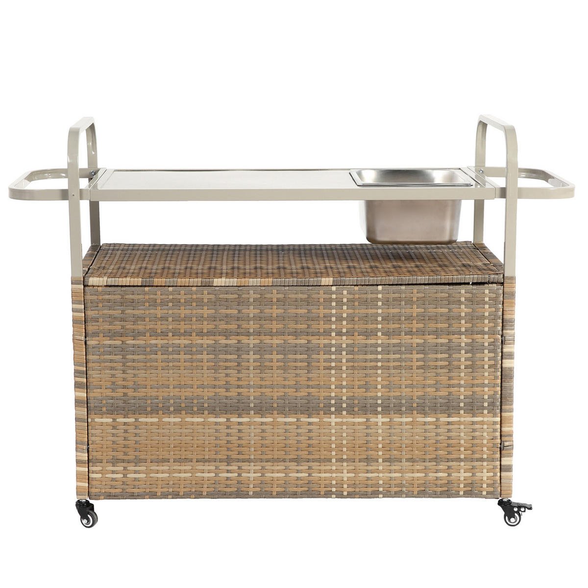 OUTDOOR-BARWAGEN 131 cm Beige Stahl & Rattan – Servierwagen mit Eisbehälter, Schrank & Lenkrollen - Beige, Metall (131/91/50cm) - Urban Meuble