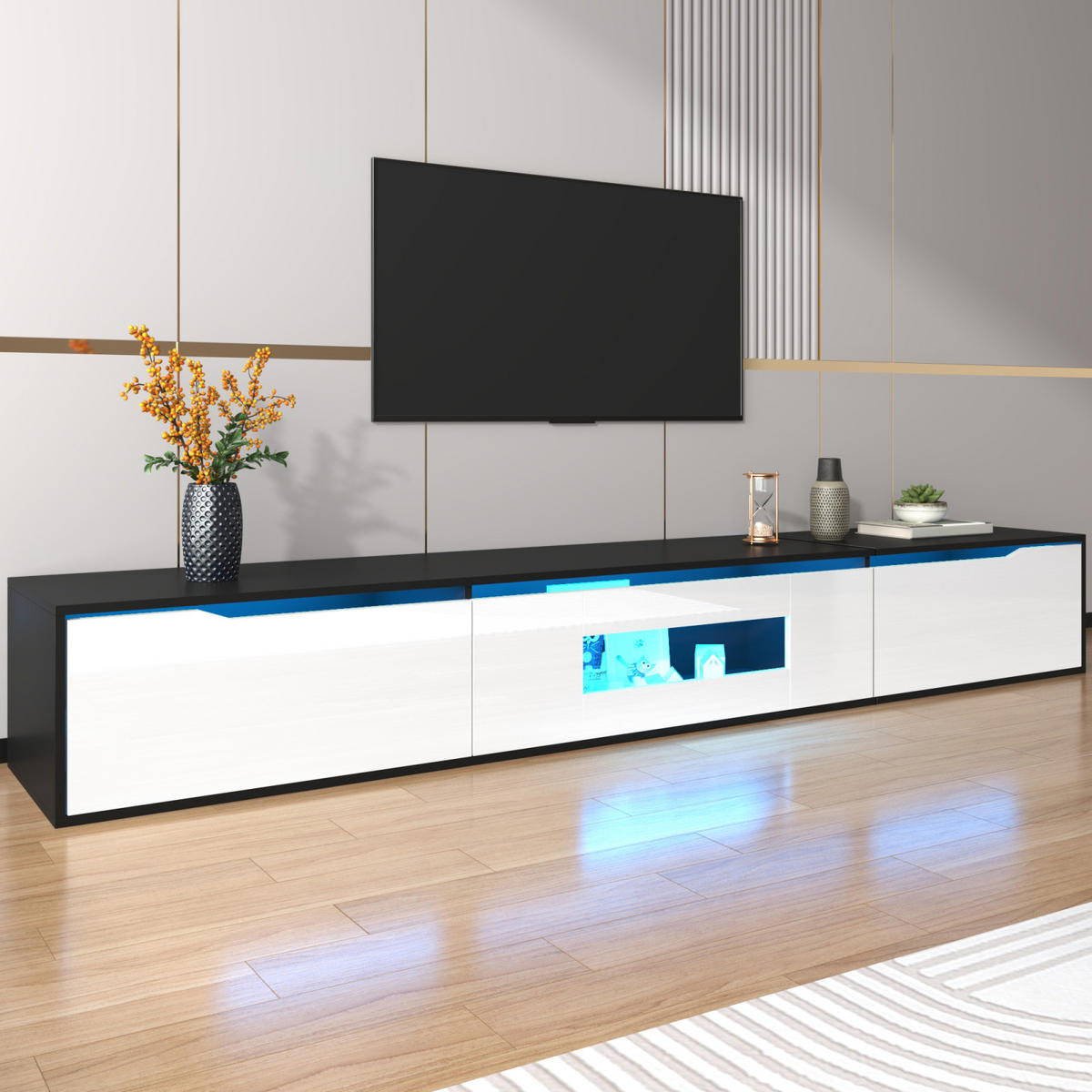 TV Lowboard LED 180 cm, Wandmontage, Schwarz Weiß - Schwarz, Holz (180/30/35cm)