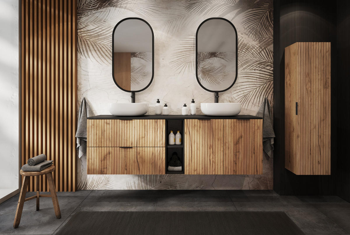 WASCHBECKUNTERSCHRANK FLOW mit Regal + Platte Schwarz matt 140/57/46 cm - Schwarz, Holzwerkstoff (140/57/46cm) - Rodan