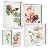 BILDER SET 5er Set - 50x50 cm & 20x30 cm & 40x60 cm Weißer Rahmen - Gemalte Blumen, Retro-Vogel - Weiß, Kunststoff (40/60cm) - TULUP