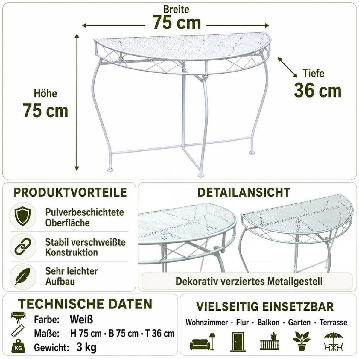 KONSOLENTISCH Weiss Metall 75 cm 96313 - Weiß, Metall (36/75/75cm) - DanDiBo